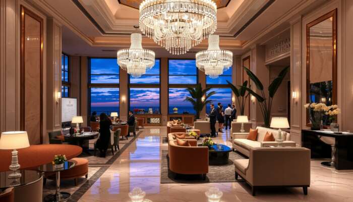 Opulent hotel lobby at dusk featuring crystal chandeliers, plush velvet seating, marble floors, staff serving champagne, and elegantly attired guests.