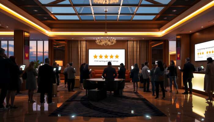 Luxurious hotel lobby at dusk, guests examining five-star ratings and positive reviews on smartphones, highlighting the significance of ratings on travel choices.