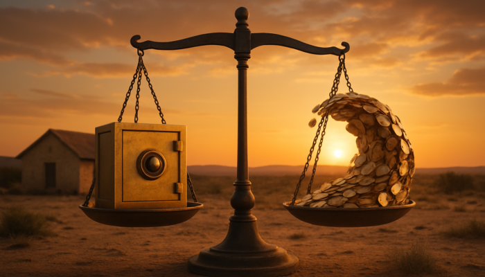 Traditional home in Beaufort West: secure for fixed rates, coins symbolising variable rates, balanced on a scale at sunset.