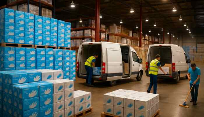 Warehouse in Hucknall stacked with bulk vinyl glove boxes as delivery vans load supplies.