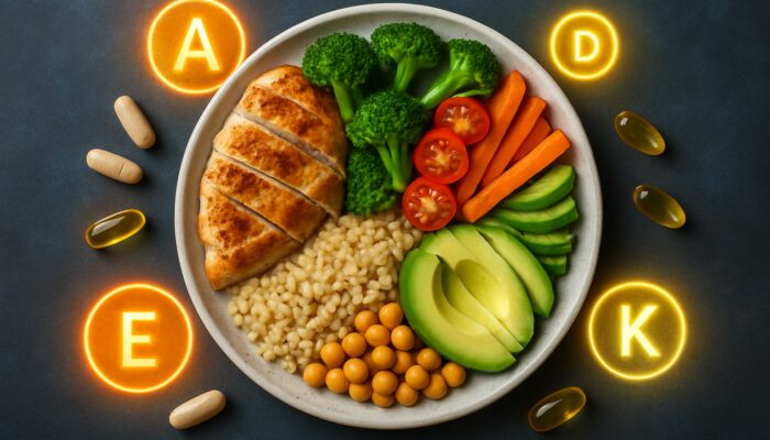 Balanced plate illustrating protein, carbohydrate, and fat sections alongside supplement capsules and vitamin icons.
