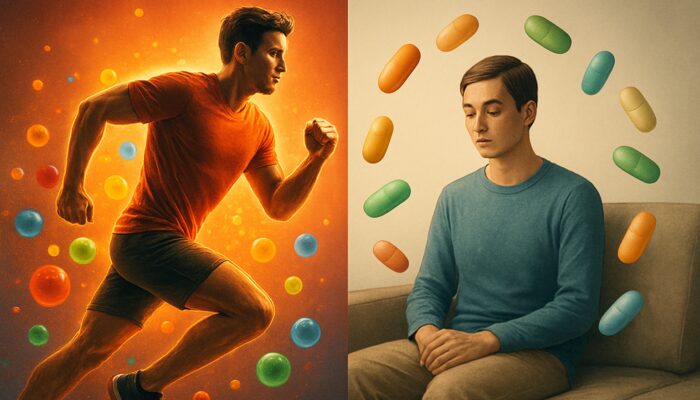 Contrasting illustration of an energetic athlete with antioxidant multivitamins next to a calm sedentary figure with nutrient capsules.