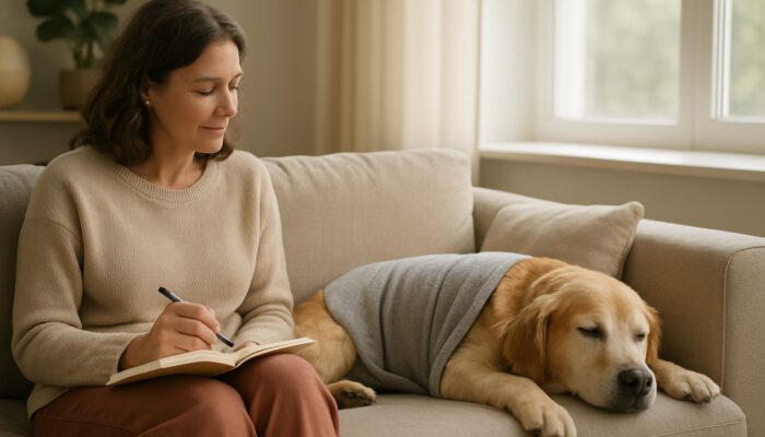 Relaxed dog wearing a calming wrap on a sofa as owner records responses in a journal