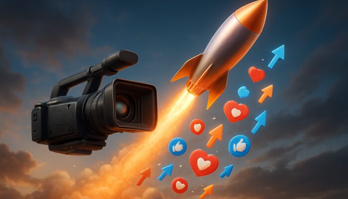 Video camera transforming into a glowing rocket, launching with social media icons and likes