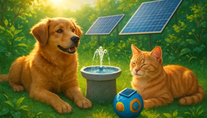 A dog and cat relaxing with solar-powered pet gadgets in a sunny garden, featuring solar panels.