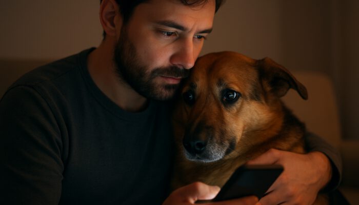 A pet owner holding a distressed dog while checking 24/7 veterinary clinics on a smartphone for emergency care