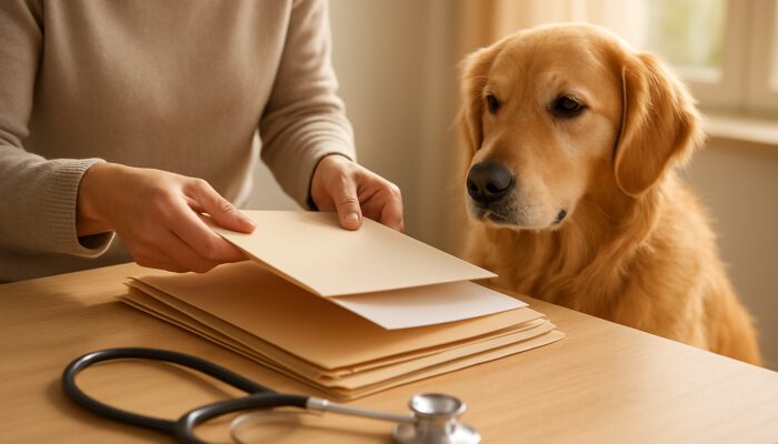 An owner organising vaccination records for a golden retriever on a sunlit table with a stethoscope nearby