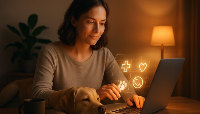 Pet owner organising a glowing vet contact database on a laptop with a relaxed dog nearby