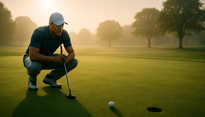 Concentrated golfer in a polo shirt preparing to putt on a misty sunlit golf green