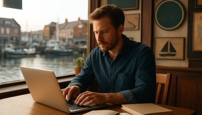 Writer crafting expert blog content for Gloucester small businesses in a sunlit harbour café