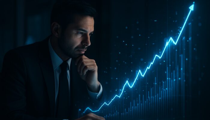 Trader examining luminous holographic charts of rising profit-to-drawdown ratio in a dim office