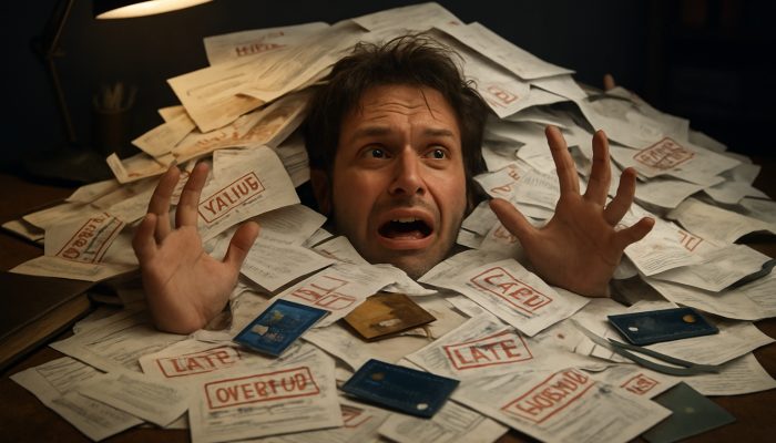 Signs You Have Too Many Separate Debts: Spot Key Indicators | DCL Individual overwhelmed by a chaotic pile of overdue bills and loan documents on a disorganised desk