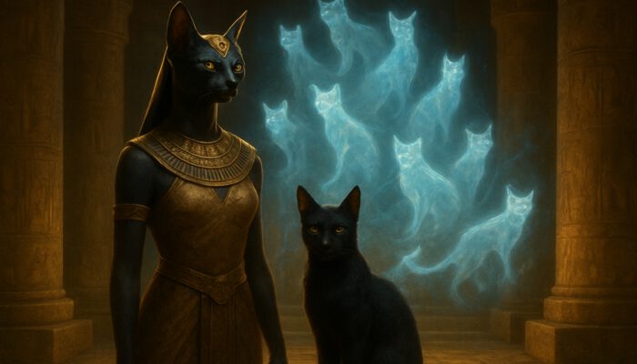 Bastet beside a sleek cat with nine glowing spirit forms in an ancient golden temple