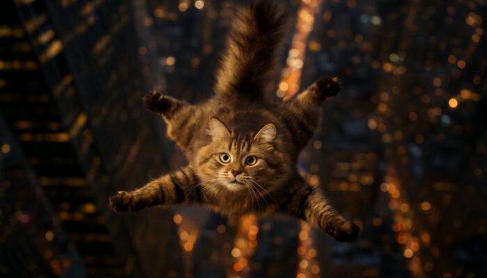 Fluffy tabby cat spreads its body like a parachute falling from a New York skyscraper at night