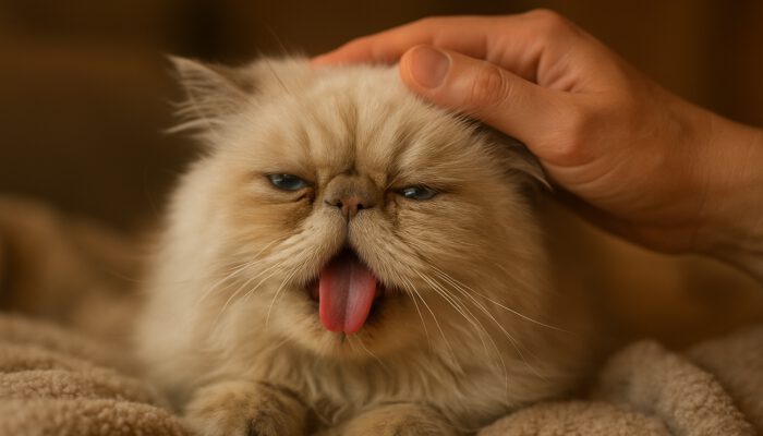 Persian cat panting with difficulty, comforted by a hand on a soft blanket