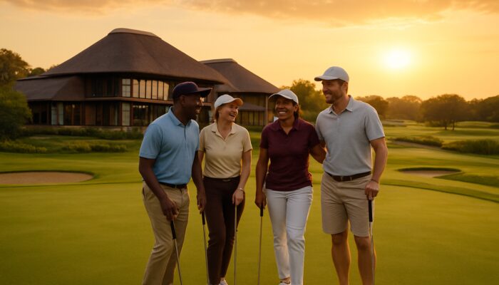Diverse golfers enjoying laughter on Bronkhorstspruit's lush greens at sunset near the modern thatched clubhouse