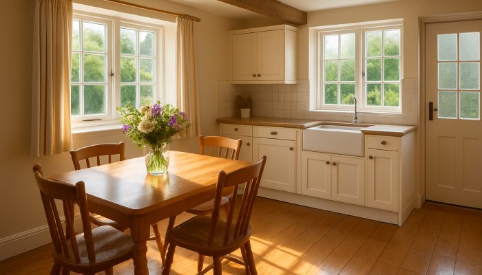 Radiant Yeovil cottage kitchen sparkling after professional cleaning with fresh flowers on the table