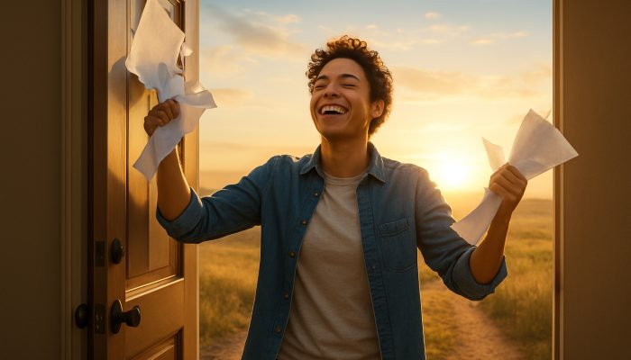 Planning Life After Monthly Debt Bills End: New Beginnings | DCL Relieved individual tearing up debt bills steps through an open door into a sunlit horizon for new beginnings.