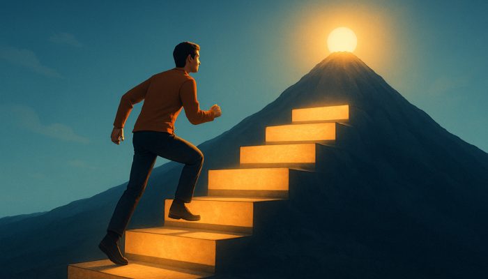 Planning Life After Monthly Debt Bills End: New Beginnings | DCL Individual ascending stepping stones labelled emergency fund and holiday savings toward the summit of financial independence