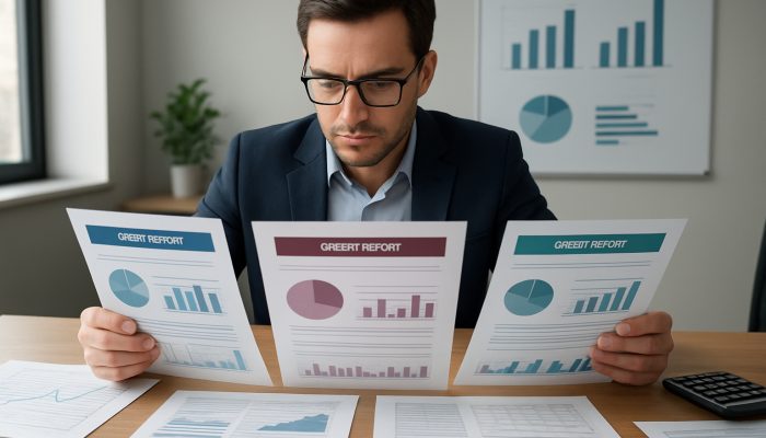 Credit File Checks Before a New Debt Plan: What to Know | DCL Individual analysing Experian, Equifax and TransUnion credit reports with debt charts in UK office