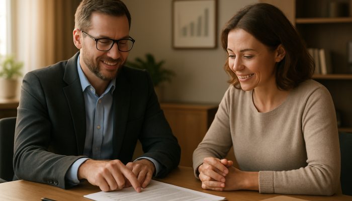 A UK debt advisor guiding a borrower through consolidation documents in a calm office with charts