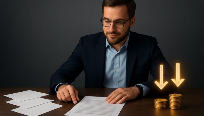 A borrower comparing high-interest loans to low-APR consolidation options with savings coins and arrows on a desk